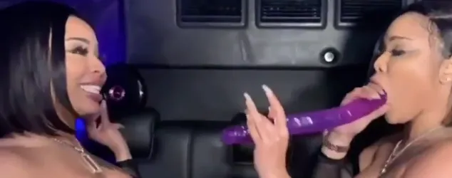 Ebony twins have a double ended dildo deepthroat contest